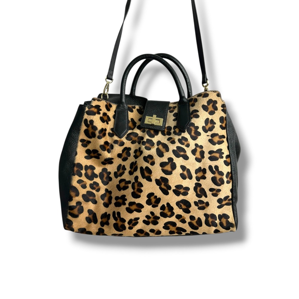 A. Bellucci Leopard Calf Hair‎ Black Leather Satchel Bag Made in Italy Large